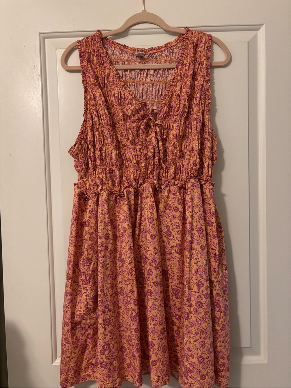 Old Navy Orange Dress with Pink Floral Print and Smocked Bodice